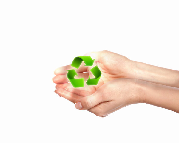Human hand with green eco and recycle symbol