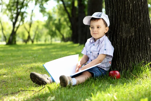 Retrato de um menino com um livro no parque — Fotografia de Stock