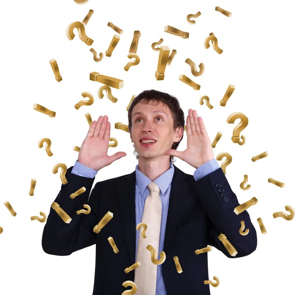 Homem de negócios gritando com números e símbolos — Fotografia de Stock