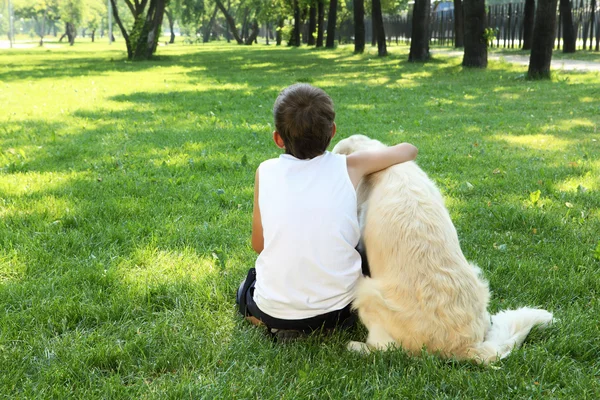 Tennager Junge im Park mit Hund — Stockfoto