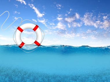 Rescue ring floating on blue waves clipart