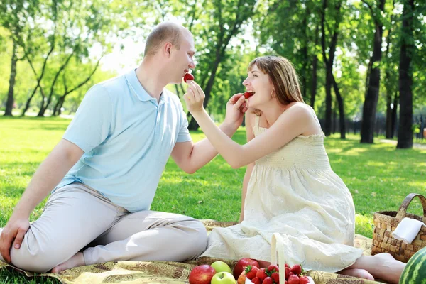 年轻夫妇在公园野餐 — 图库照片