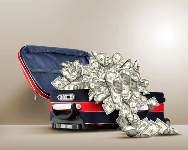 Resväska full av sedlar — Stockfoto