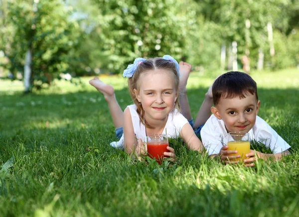 Hermano pequeño y hermana en el parque de verano —  Fotos de Stock