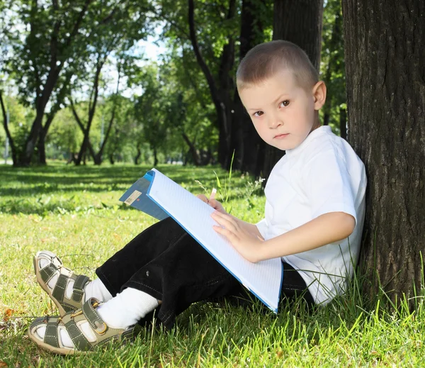Parkta bir kitap ile bir çocuk portresi — Stok fotoğraf