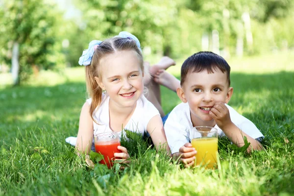 Irmãozinho e irmã no parque de verão — Fotografia de Stock