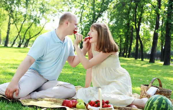 Ungt par på picknick i parken — Stockfoto