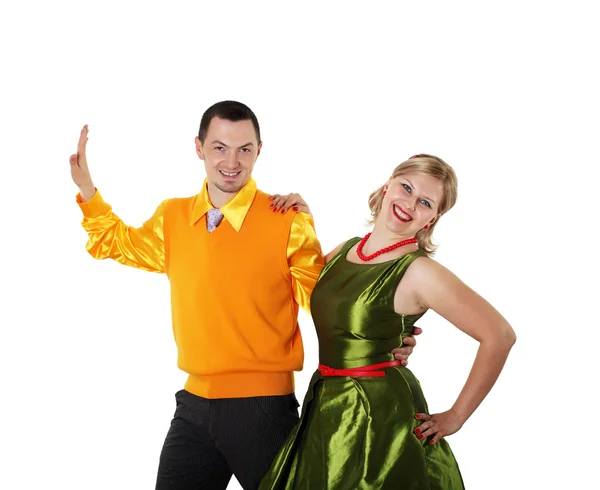 Young dancing couple in bright colour wear — Stock Photo, Image