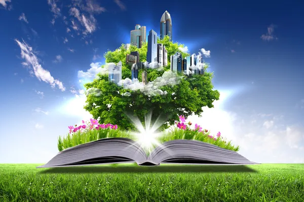 Libro abierto con la naturaleza verde mundo — Foto de Stock