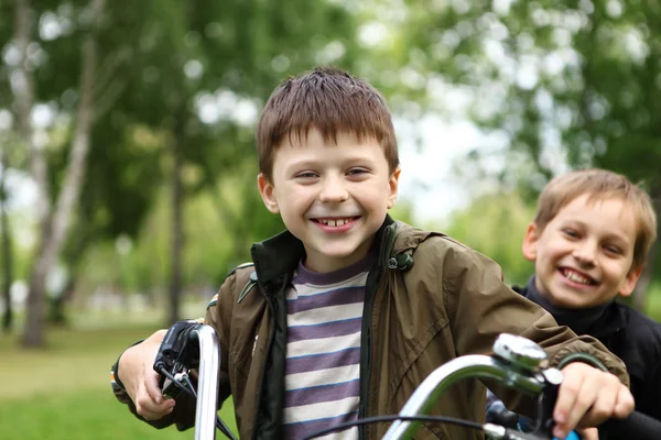 Boy on a bicycle in the green park Royalty Free Stock Images