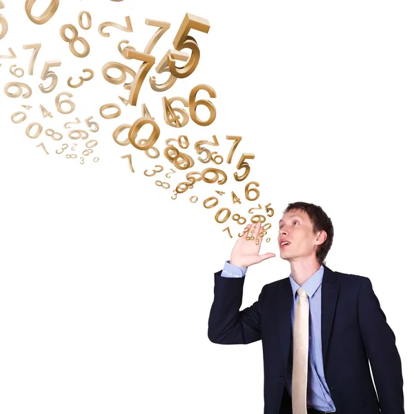 Affärsman som skriker med siffror och symboler — Stockfoto