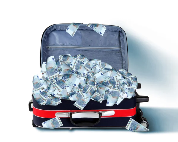 Resväska full av sedlar — Stockfoto