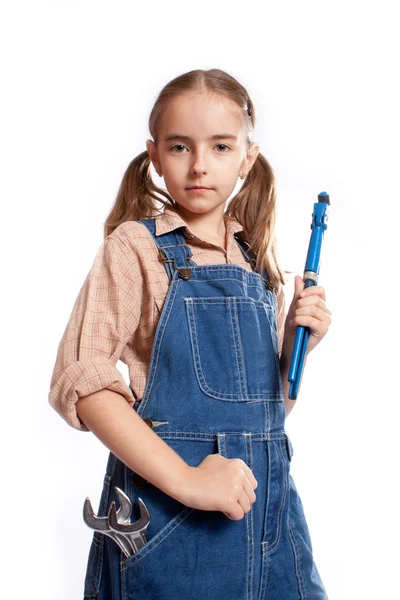 LIttle master girl with wrench — Stock Photo, Image