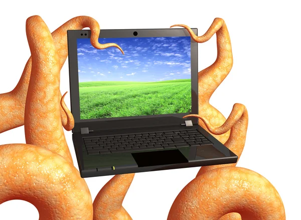 Tentacles of a monster, holding a laptop — Stock Photo, Image