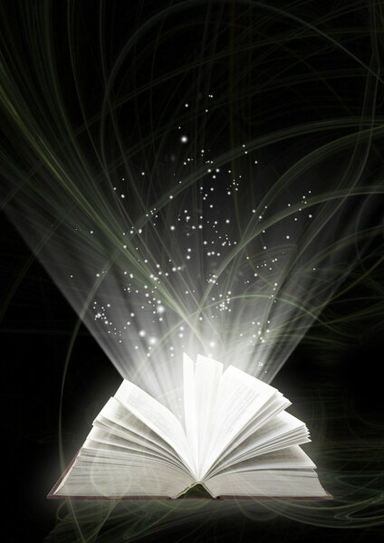 Vertical background of black color with magic book