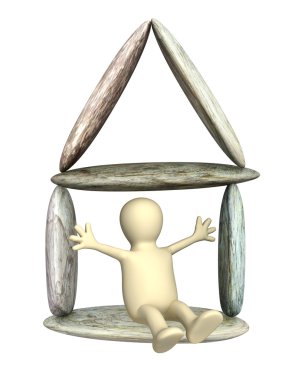 Happy puppet in stone house clipart