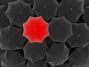 One unique red umbrella, among other black clipart