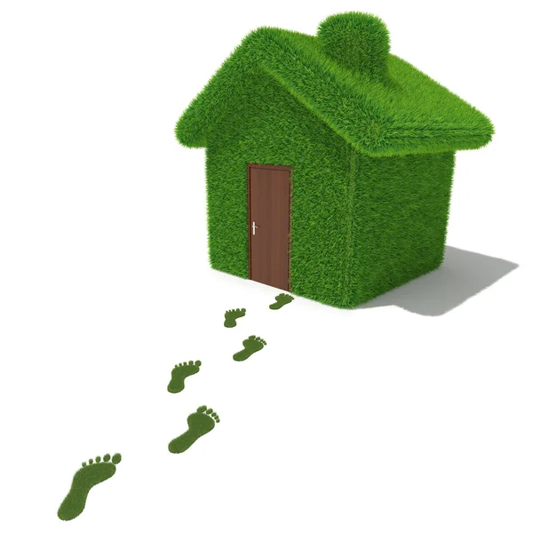 Groen gras huis met gras voetafdrukken — Stockfoto