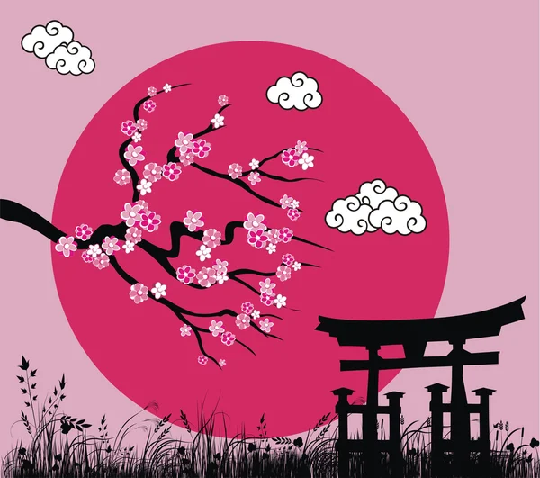 Japanische Sakura-Blüte und Tori-Tor -Vektorillustration — Stockvektor