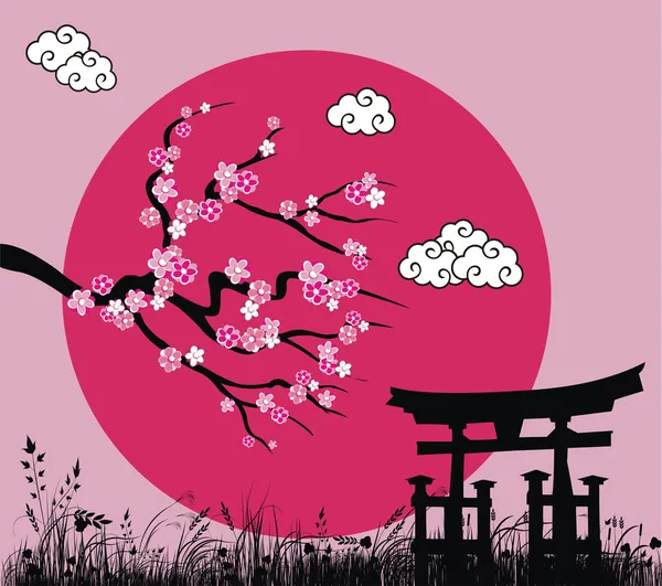 Цветение сакуры в Японии и векторная иллюстрация ворот тори — стоковый вектор