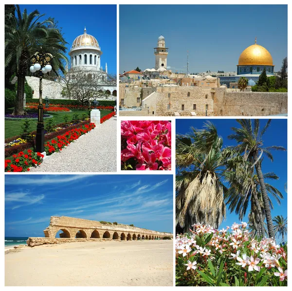 Collage van Israël bezienswaardigheden-oude Jeruzalem, bahai tempel in haifa — Stockfoto