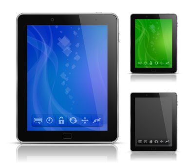 Tablet PC with abstract background and icons clipart