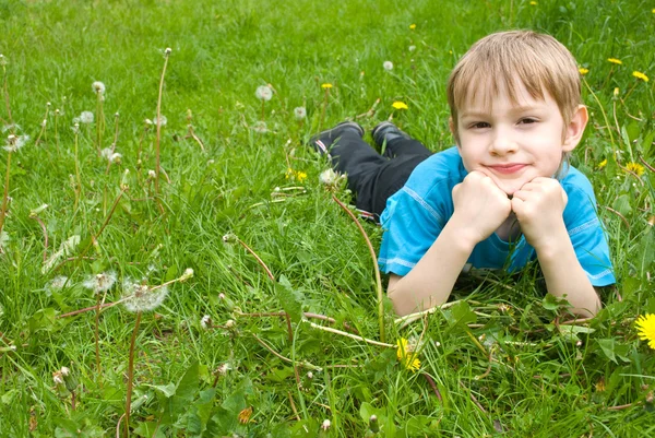Kleine jongen opleggen op het gras — Stockfoto