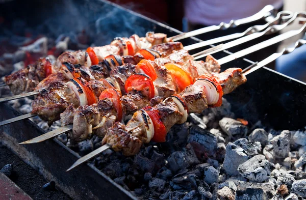 As partes suculentas de carne com o molho preparam-se no fogo (prato de carne shish). — Fotografia de Stock