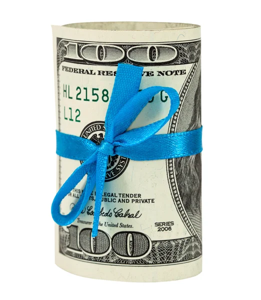 100 US dollar wrapped by ribbon isolated on white background — Stock Photo, Image