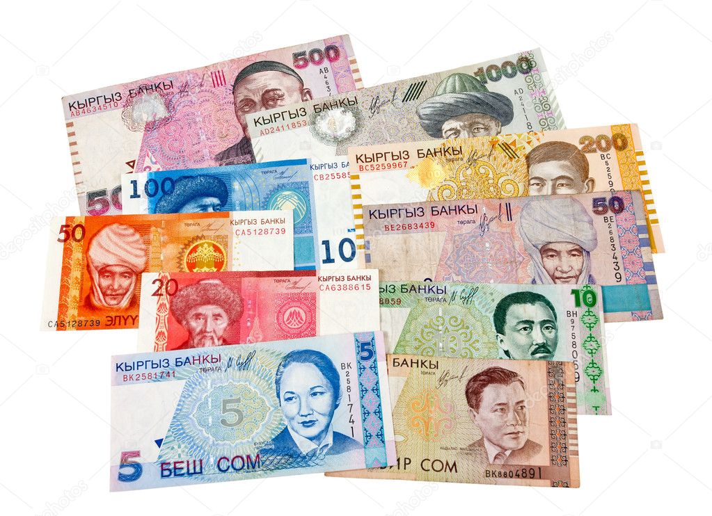 Kyrgyz paper money isolated on white background