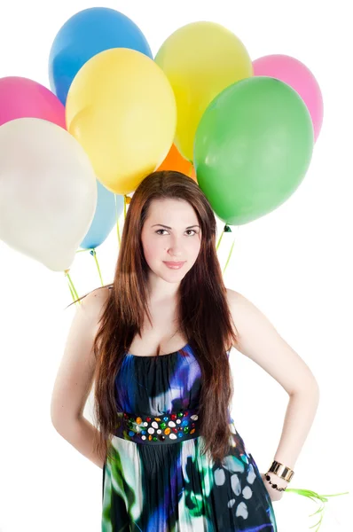 Krásná žena s vícebarevné balónů — Stock fotografie