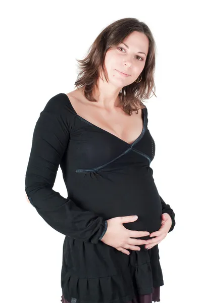 Retrato de mujer embarazada bonita en vestido negro — Foto de Stock
