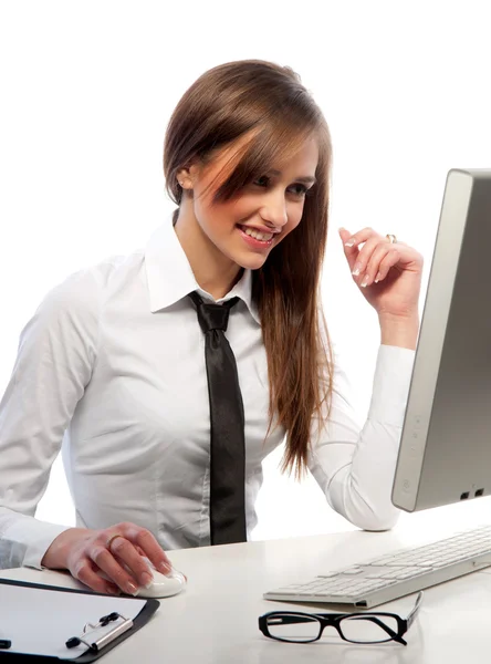 Girl works on a computer — Stock Photo, Image