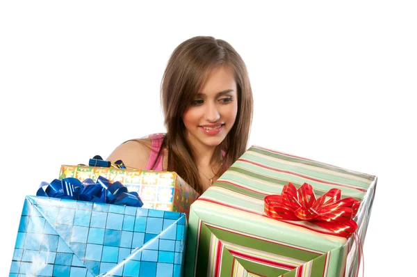 Woman holding boxes with gifts — Stock Photo, Image