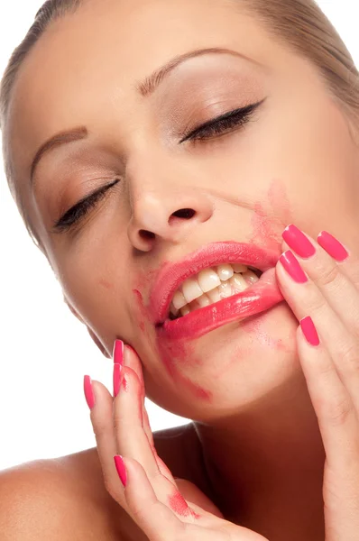 stock image Beautiful woman with bright red lips