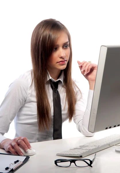 Girl works on a computer — Stock Photo, Image