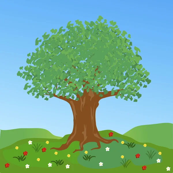 Grote boom op glade met bloem — Stockvector