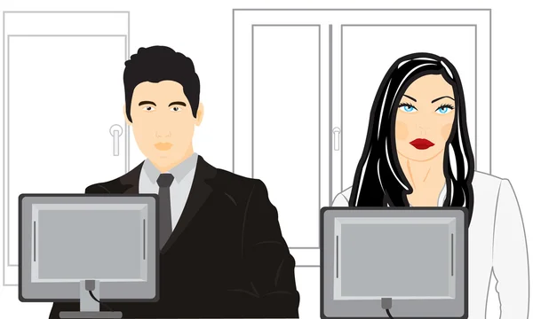 Чоловік і жінка сидять за комп'ютером в офісі — стоковий вектор