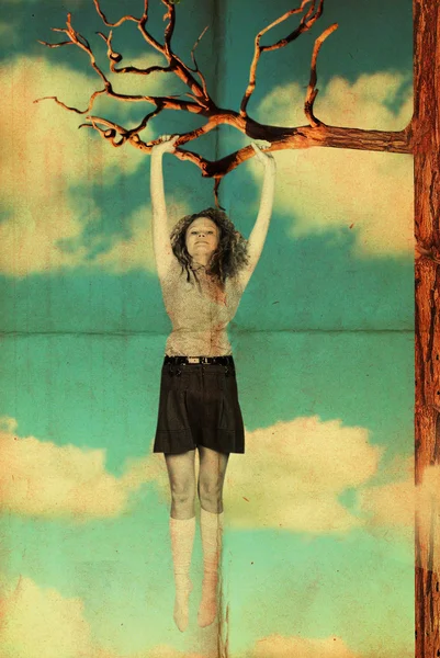 Collage vintage con donna di bellezza su albero — Foto Stock