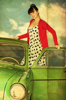 Vintage collage with beauty woman in green car clipart