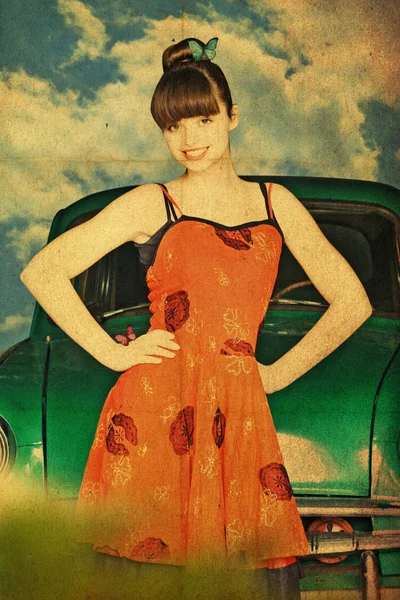 Vintage collage met schoonheid vrouw in groene auto — Stockfoto