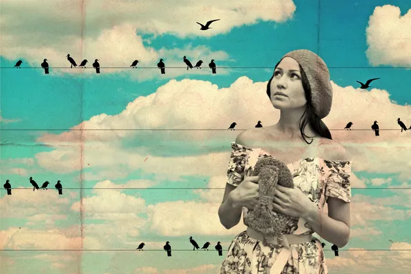 Collage mit Frau und Vögeln — Stockfoto