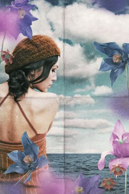 Vintage collage with woman on flowers clipart