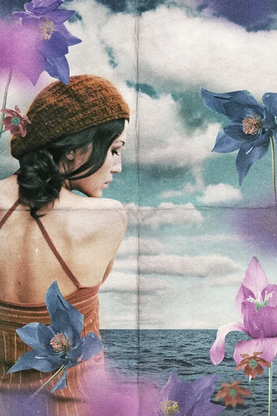 Vintage collage z kobieta na kwiaty — Zdjęcie stockowe