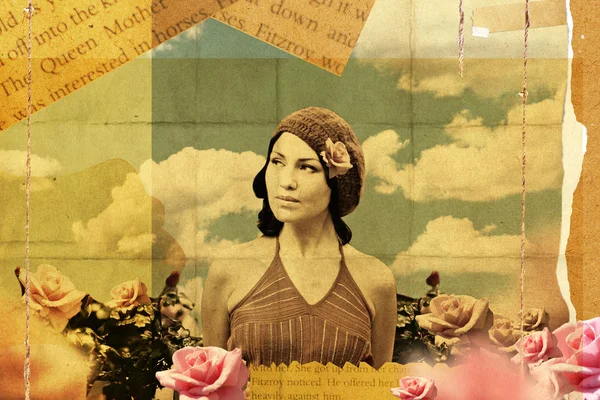 Vintage collage med skönhet ung kvinna i roses — Stockfoto
