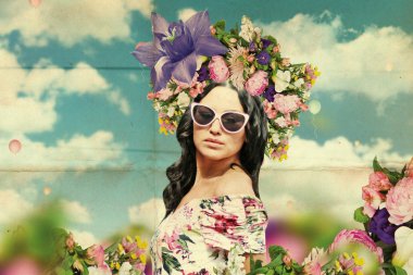 Beautiful young woman with flowers on the head, art collage clipart