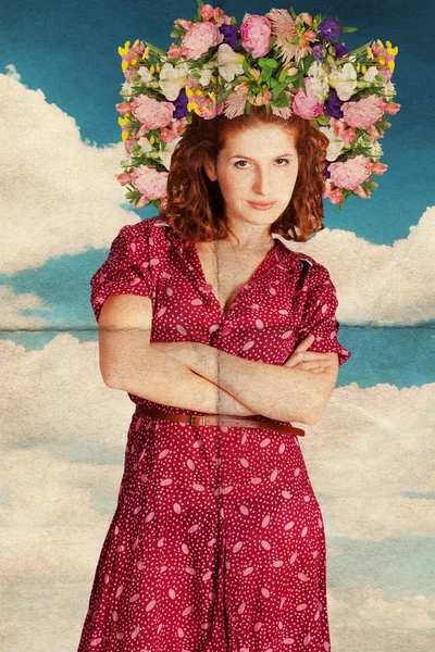 Hermosa joven con flores en la cabeza, collage de arte —  Fotos de Stock