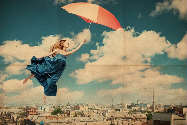 Τέχνη κολάζ με όμορφη νεαρή γυναίκα με ομπρέλα — Φωτογραφία Αρχείου