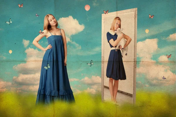 傘と美しい若い女性と芸術のコラージュ — ストック写真