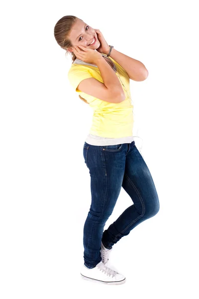 Meisje met koptelefoon, geïsoleerd — Stockfoto